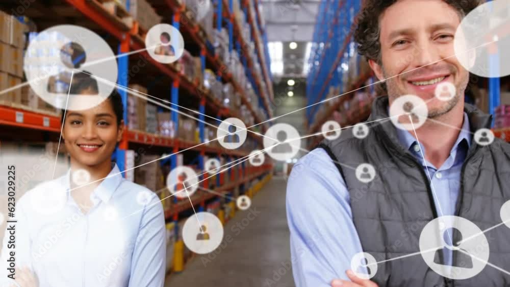 Poster animation of network of profile icons over team of diverse supervisors smiling at warehouse