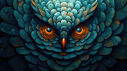 Obraz premium Artistic carved stone pebble mosaic art of an owl bird with captivating eyes, stacked and arranged in concentric circle patterns with detailed ornate textured complexity - generative AI
