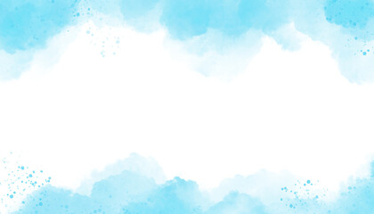 Watercolor background with blue cloudy brush and golden glitters spot.