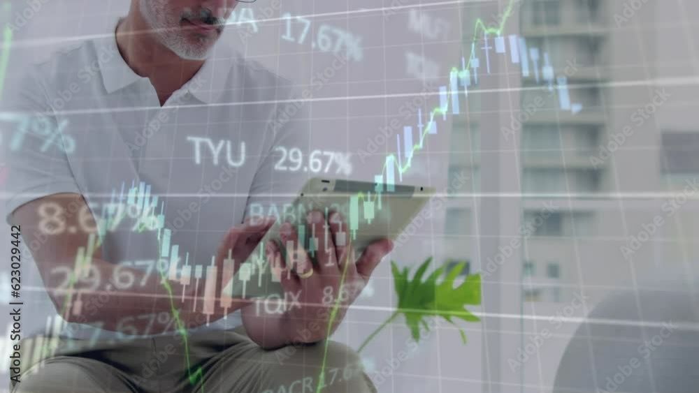 Poster animation of financial data processing over caucasian senior man using digital tablet and smiling