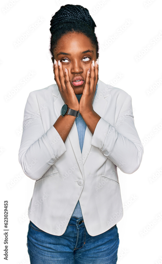 Poster Young african american woman wearing business clothes tired hands covering face, depression and sadness, upset and irritated for problem