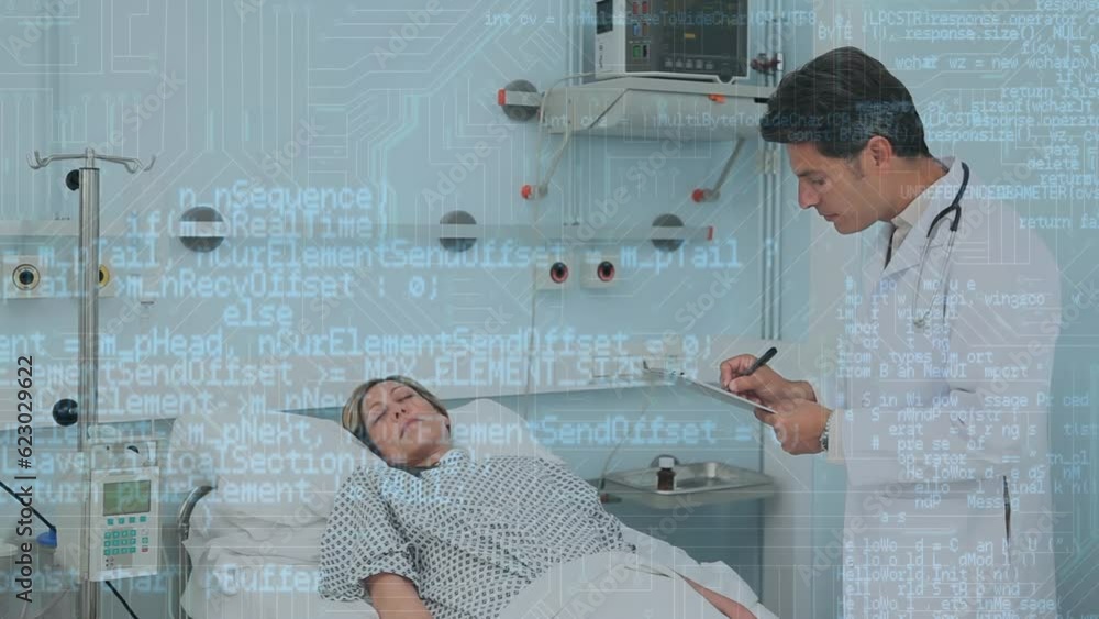 Poster animation of computer language, diverse doctor with notepad adjusting machine and talking to patient