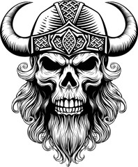 A Viking skull skeleton warrior or barbarian gladiator man mascot face looking strong wearing a helmet. In a retro vintage woodcut style.