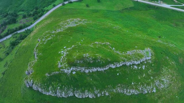 Landscape in the Alto del Caracol. Aerial view from a drone. Landscape in the surroundings of the village of San Roque de Riomiera. Valleys Pasiegos, Cantabria, Spain, Europe