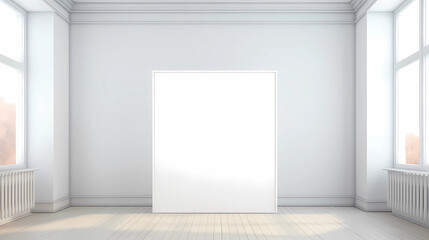 Imagine a minimalist art gallery hosting an exhibition with a big blank frame photo as the centerpiece