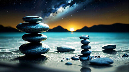 Balancing stone in the middle of the night sea