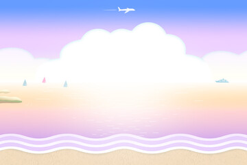 Fototapeta na wymiar 夕焼け又は朝焼けの海に浮かぶ船と飛行機の背景イラスト