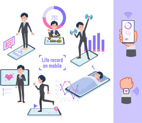 スマートフォンで行動と健康を管理しているビジネス男性のセット