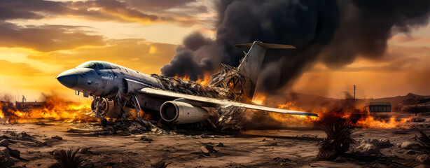an aircraft on fire over a desert in battle - obrazy, fototapety, plakaty