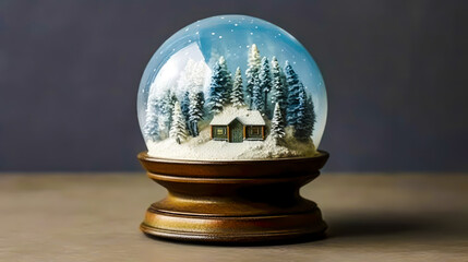 Fototapeta na wymiar a snow globe covered in snow with a house and trees in interior