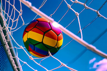 a soccer ball with many color in a network of a goal, LGTBi+ concept