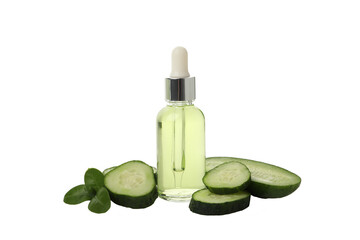 PNG, Bottle with serum and sliced cucumber on white background