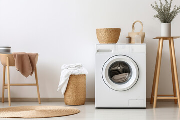 White washing machine in a laundry room. AI generated