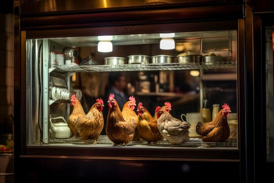 Live Chickens In Restaurant Food Display