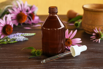 Echinacea flower heads, bottle of infusion. Concrept of Herbal or homeopathy medicine. Flower essential oil. Herbal medicine. Side view, copy space for text, product place.