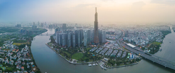 Aerial view of a Ho Chi Minh City, Vietnam with development buildings, transportation, energy power...