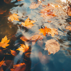 autumn leaves floating on calm water in close up, create using generative AI tools