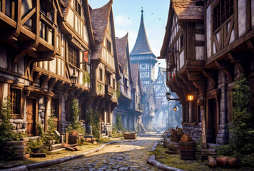 Fototapeta na wymiar a street with houses in a medieval fantasy style