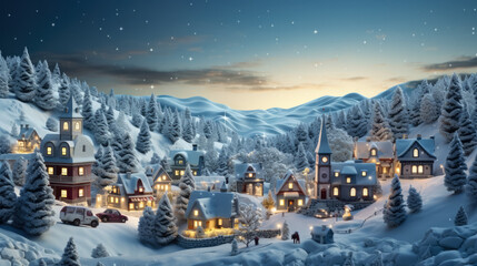 Christmas and New Year holiday background. Winter village with houses in snow.