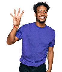 Young african american man with beard wearing casual purple t shirt showing and pointing up with fingers number four while smiling confident and happy.