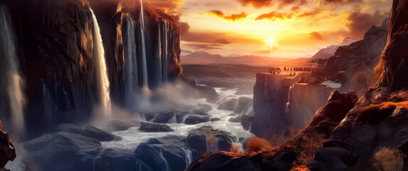 waterfalls at sunrise, fantasy style