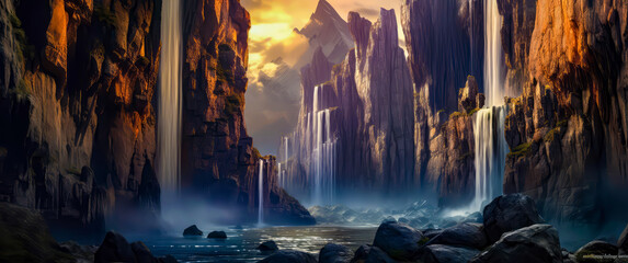 waterfalls at sunrise, fantasy style