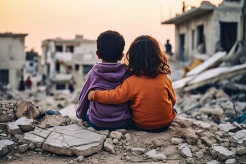Innocence Amidst the Ruins: Embracing Children in War-Torn Debris - obrazy, fototapety, plakaty