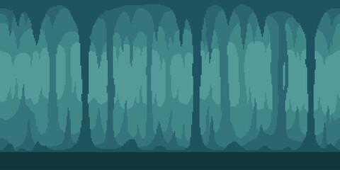 Colorful simple vector pixel art horizontal illustration of turquoise cave of stalagmites and stalactites in the style of retro platformer video game level - obrazy, fototapety, plakaty