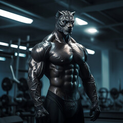 Fototapeta na wymiar fit Jaguar standing at the gym, Fit Jaguar showcasing strength and power at the gym, generative AI