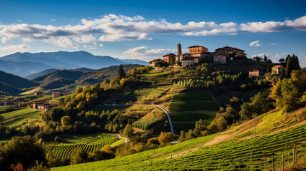 Fototapeta na wymiar Tuscany landscape with vineyards, hills and house in Italy