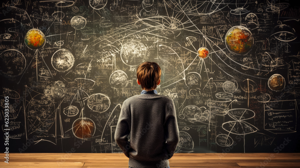 Poster back view of a schoolboy standing in front of a blackboard with math formulas