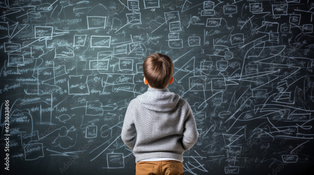 Poster back view of a schoolboy standing in front of a blackboard with math formulas