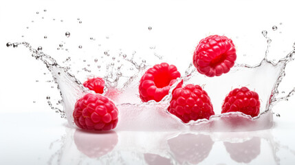 Raspberries with a splash of water on a white background.