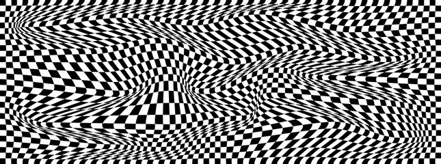 Vector wave with optical illusion with black and white cube. Abstract geometric chess pattern. Psychedelic texture. Op art with monochrome background. Floor checkerboard.