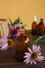 Fototapeta na wymiar Bottle with essence oil with purple echinacea on a wooden background. Concrept of Herbal or homeopathy medicine. Flower essential oil. Herbal medicine. Side view.