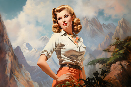 vintage painting of woman hiking mountain adventure, made with generative ai