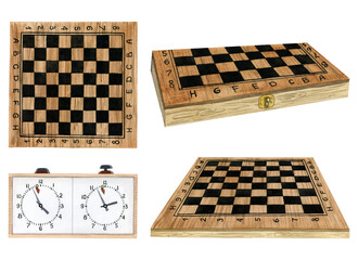 Watercolor chess boards and clock set hand drawn realistic illustration isolated on white background. Empty wooden chessboard for intellectual game competition and Chess Day designs