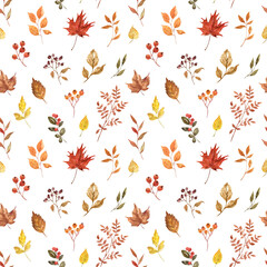 Fall tree foliage seamless pattern with white background. Watercolor botanical print. Hand-painted orange, brown, and yellow autumn leaves.