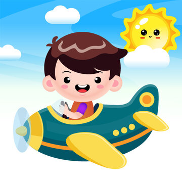 Cartoon Cute boy Flying In Airplane