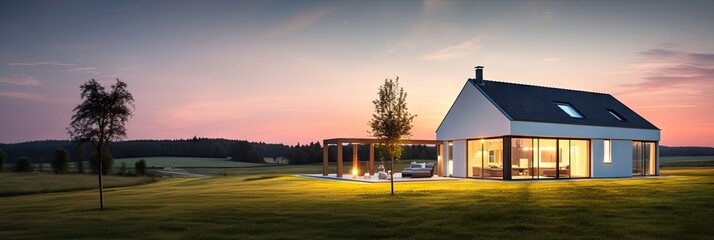 Evening landscape. Beautiful sunset over green meadow with house in background