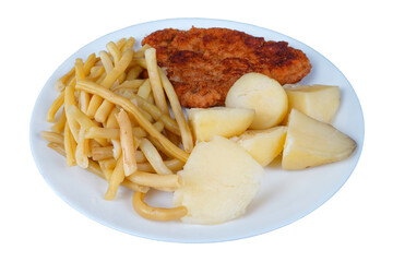 Pork chop with potatoes and yellow beans. Dinner on white plate.