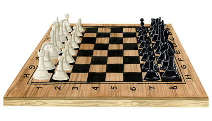Watercolor wooden chess board with black and white pieces watercolor isolated illustration on white background. Hand drawn brown desk with figures for beginning of the game