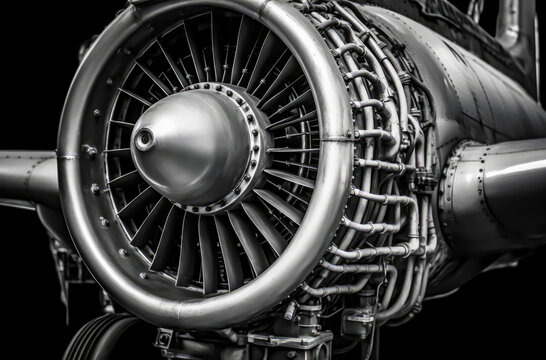 black and white photo of an airplane engine, close up