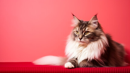 Cat isolated on red background with copy space