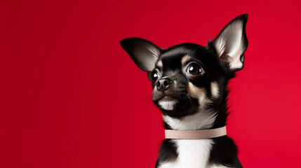 Portrait of a purebred Chihuahua dog on a red background with copy space
