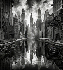 black and white photo shows a city with buildings reflecting