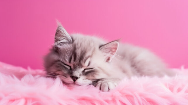 Cute grey kitten sleeps on pink background