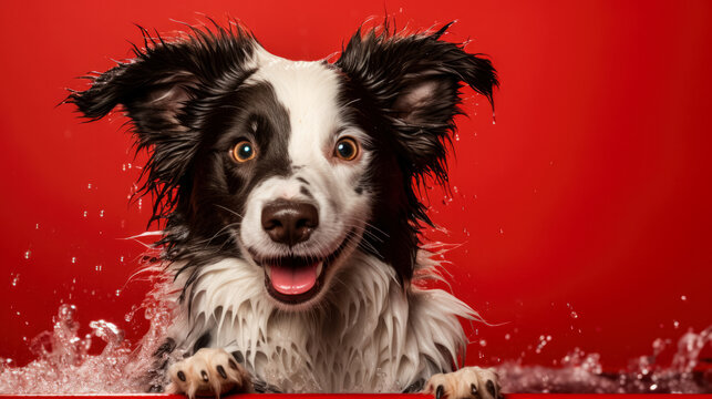 Cute dog bulldog with tongue is bathing isolated on redd background