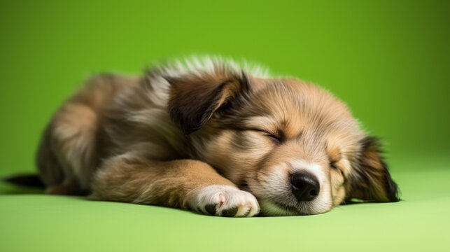 Cute fluffy puppy is sleeping on green background with copy space