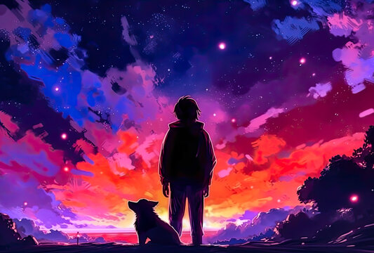 a young man is looking at the sky with a dog, painting style